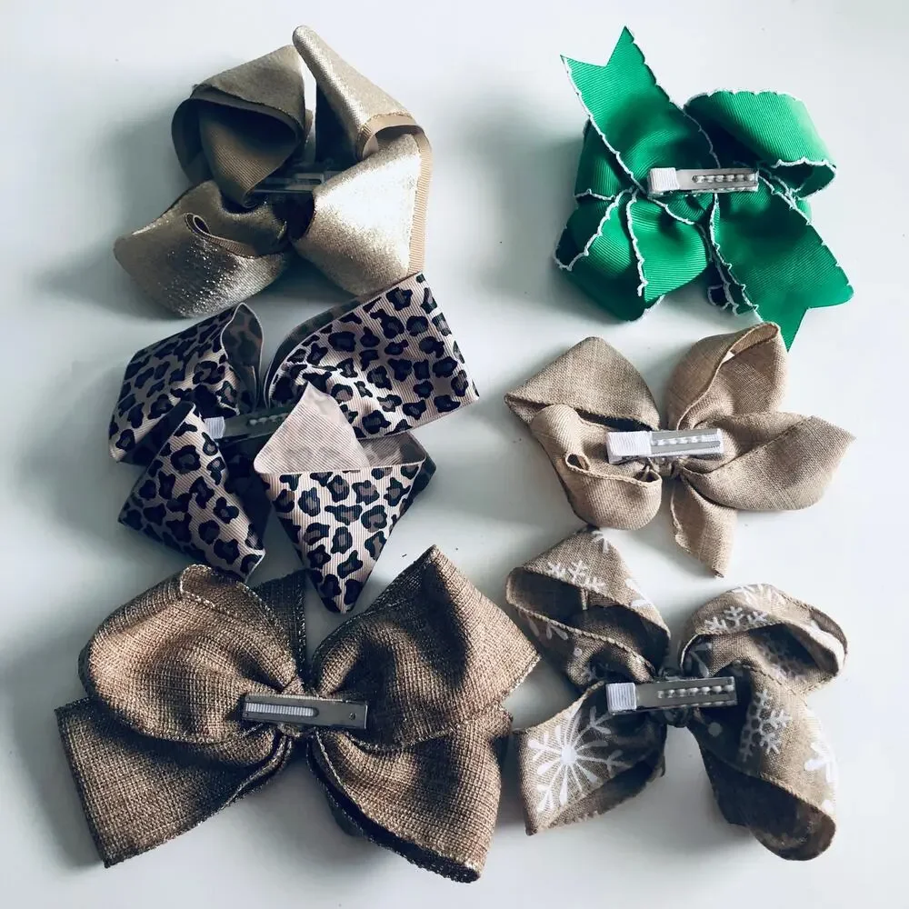 Set of 6 Baby Girl's Hair Bows Coffee Christmas Leopard Gold Southern Boutique